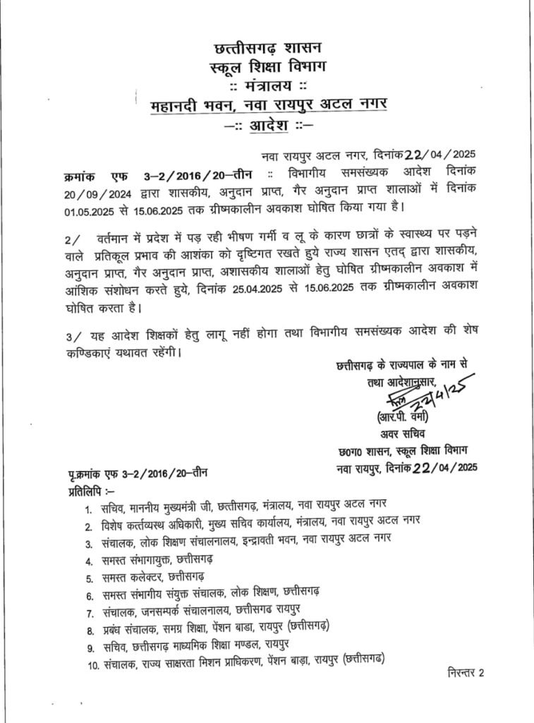 छत्तीसगढ़ स्कूलों में ग्रीष्मकालीन अवकाश 2025